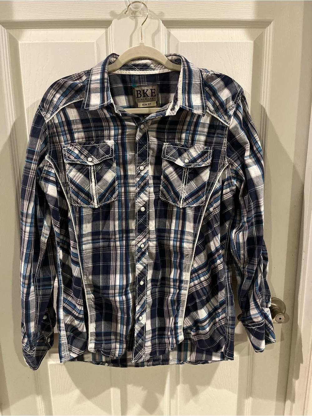 BKE Navy and White Plaid Button-Down Shirt